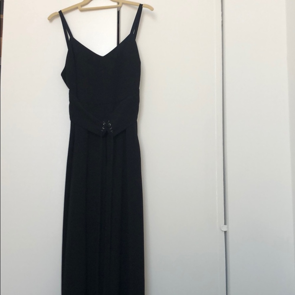 wayf black jumpsuit with lace up belt